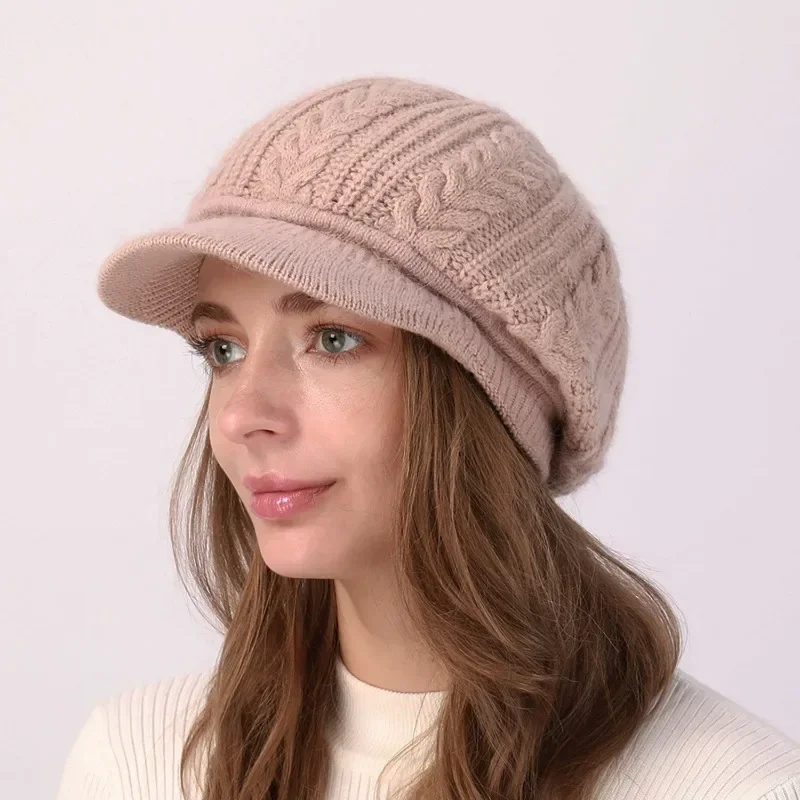 High Quality Wool Women Winter Warm Slouchy Cable Knit Beanie Skull Beret Hat with Visor Outdoor Thicken Lady Bonnet Gorros