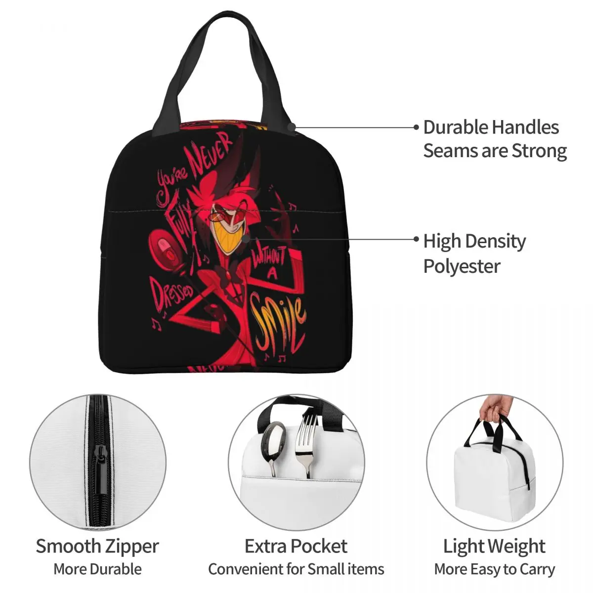 Hazbin Hotels Alastor Vaggie Lunch Bag Waterproof Insulated Canvas Cooler Black Comedy Thermal Food Picnic Travel Lunch Box