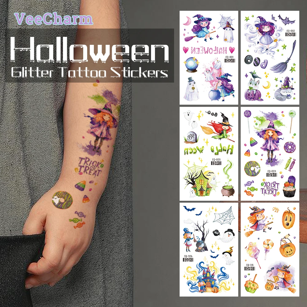 VeeCharm - Halloween Temporary Tattoo Stickers for Kids,Includes Pumpkin,Wizard,Bat & Ghost Designs for Spooky Fun! 1/15 Sheet