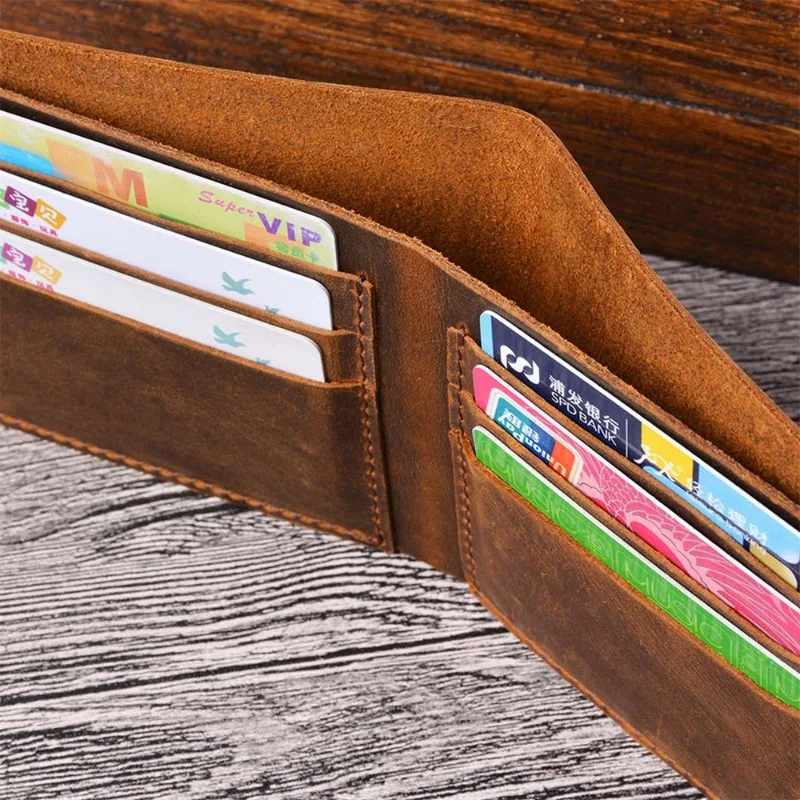 Retro Men's Casual Wallet Note Compartment Foldable Multi Card Holder Short Wallet Vintage Real Leather Brown Carteira Feminina