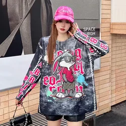 Cartoon Rabbit Printed Diamonds Sweater Women Pullovers Autumn Winter Vintage Clothes Fashion Loose Casual Full Sleeve Hoodies