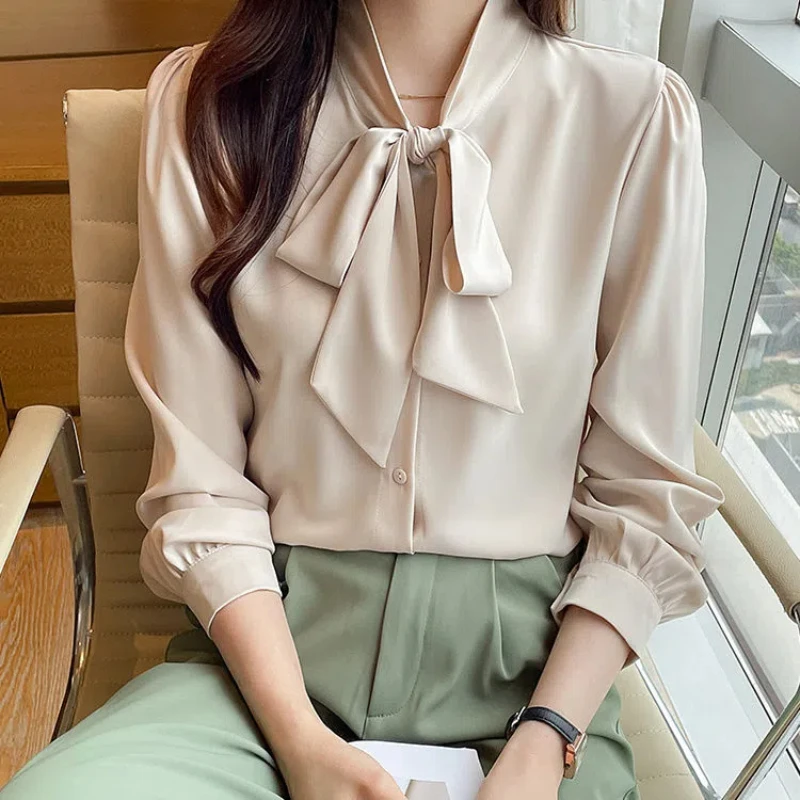 Korean Lacing Loose Solid Blouse Spring Autumn New Chiffon Long Sleeve All-match Elegant Shirt Tops Fashion Office Women Clothes