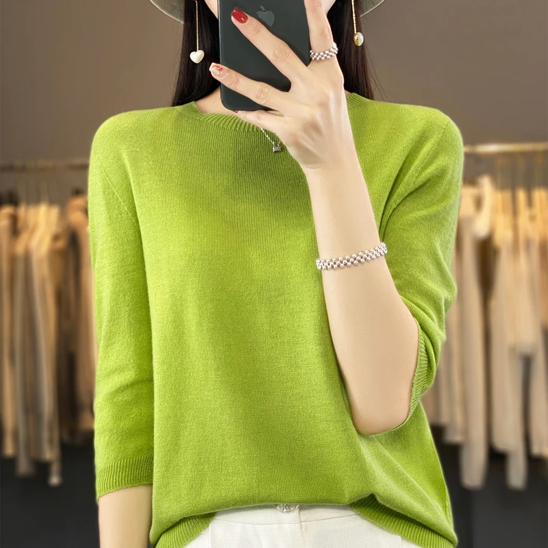 Fashion short sleeve 100% merino wool sweater basic O-neck cashmere women\'s knitted top pullover sweater top T-shirt