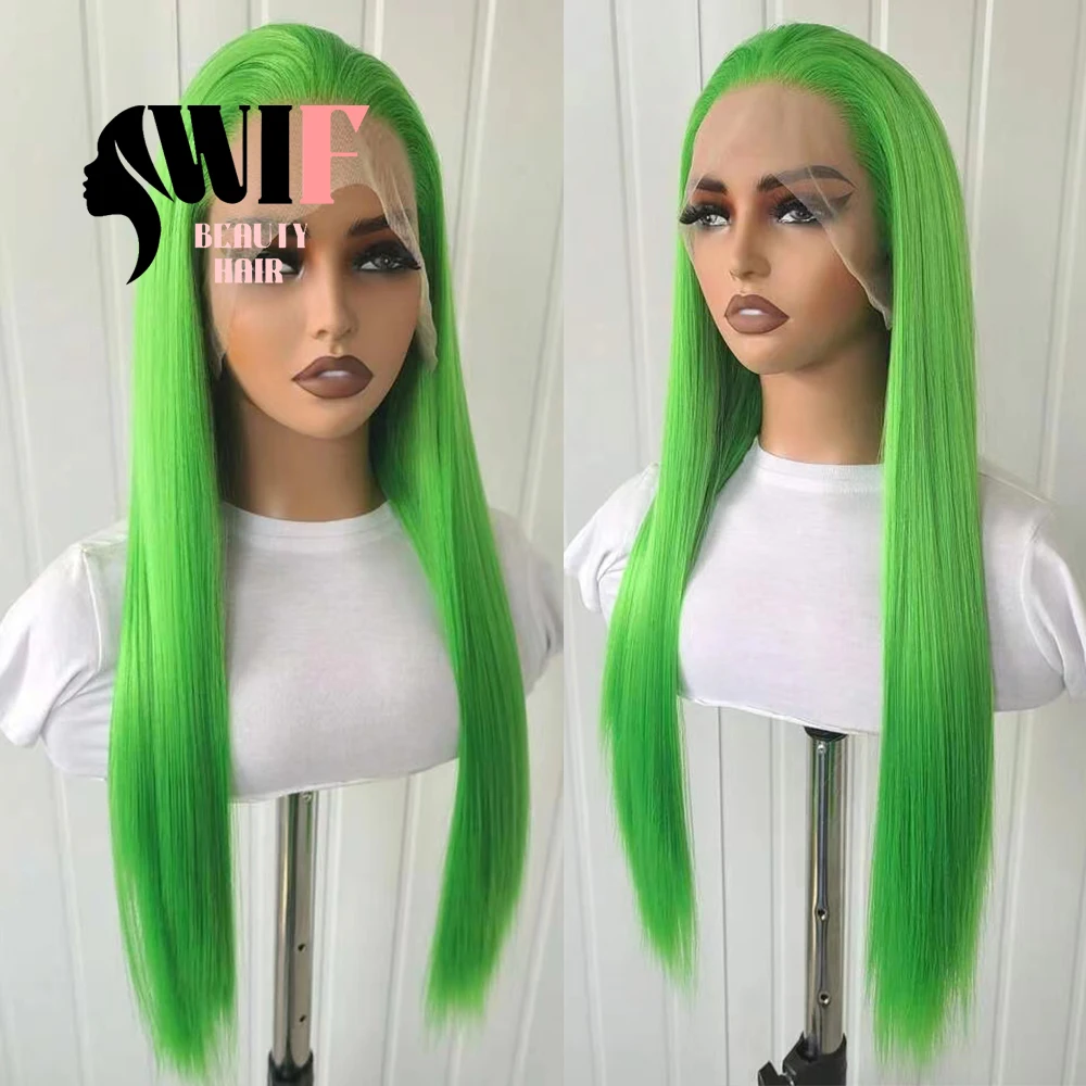 WIF Emerald Green Color Synthetic Wig Silk Long Straight Green Hair Cosplay Use Lace Front Wigs Heat Fiber Women Makeup Hair