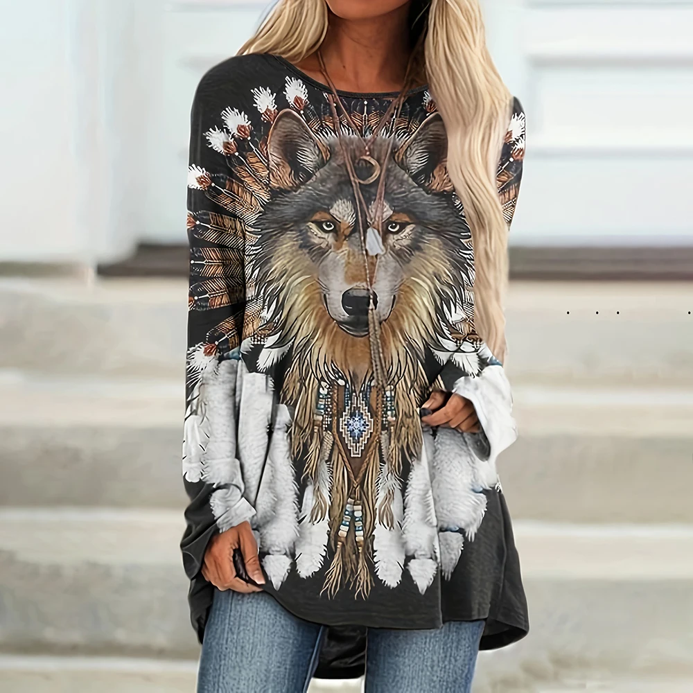 Animal Wolf Print Long Sleeves T shirt Vintage Women\'s T-shirts Tops Fall/Winter Cotton Women Clothing Casual Loose Pullover