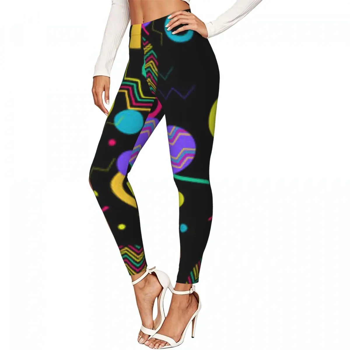 Casual Ladies Slim Leggings Geometric 80s Colorful Elastic High Waist Sports Daily Wear Trousers