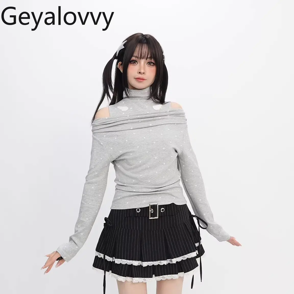 

Оригинальный женский топ в стиле Y2K: весенне-осенняя футболка с высоким воротником, открытыми плечами и длинными рукавами для женщин