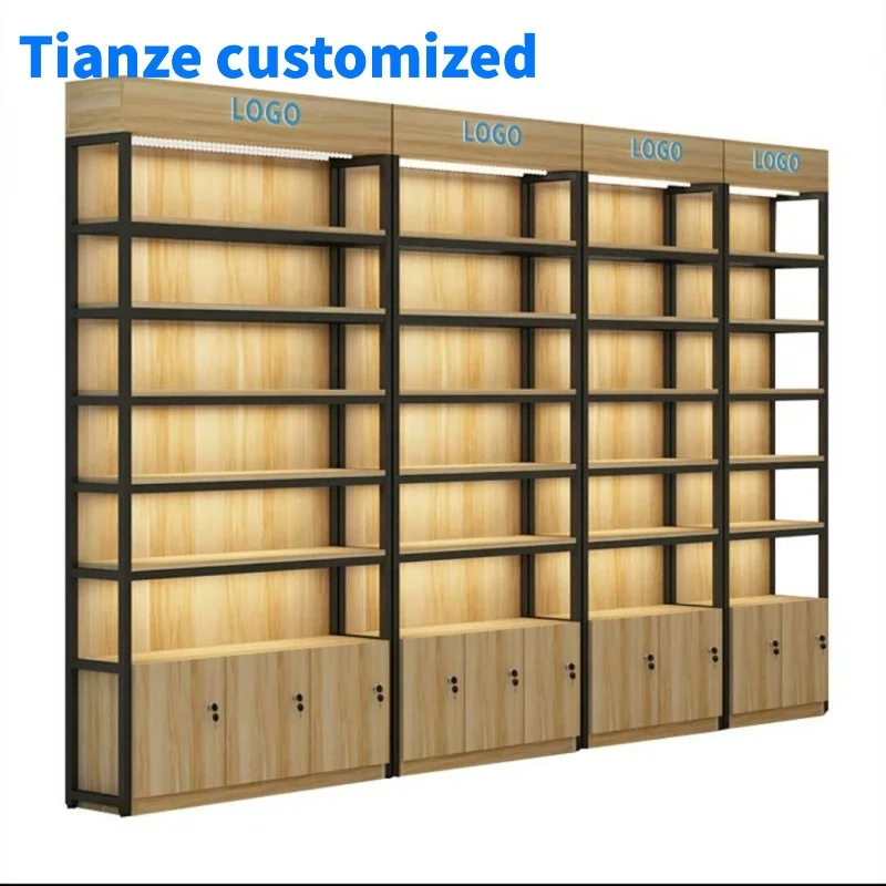 

（customized）Wooden Display Shelf with LED Lighting Retail Store Wall Shelves High Quality Display Racks Retail Store