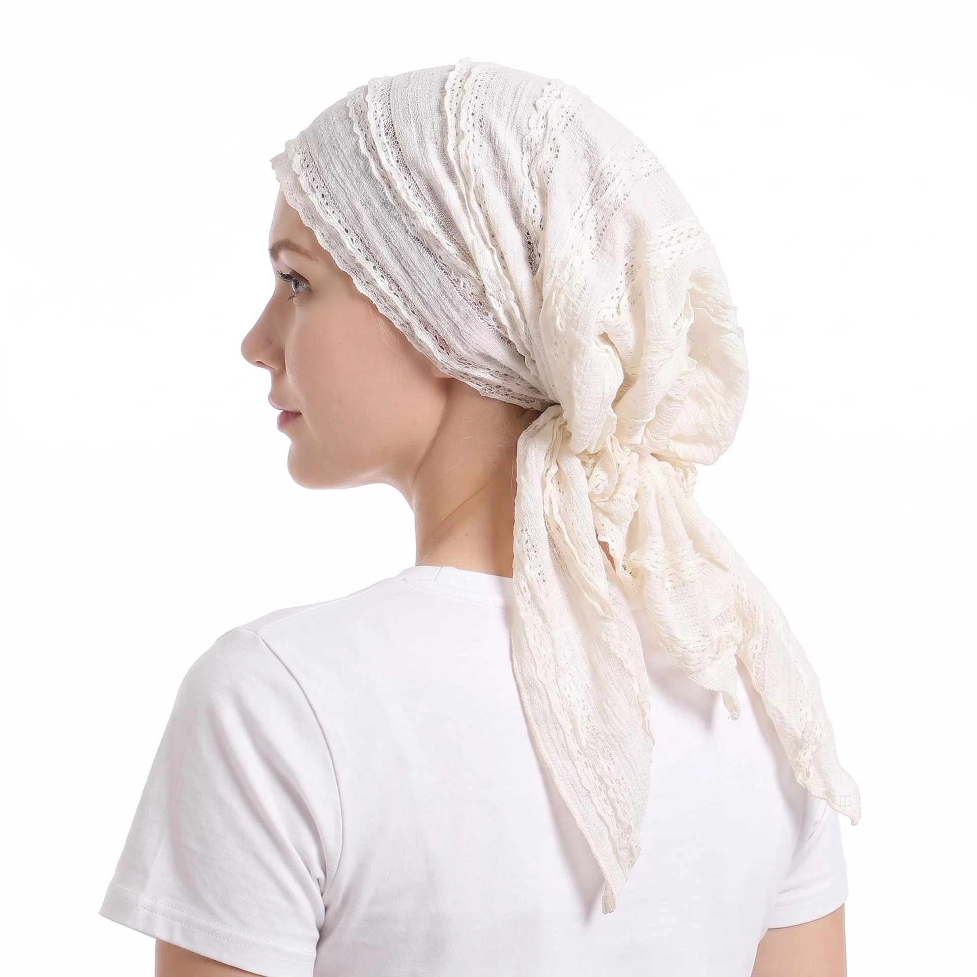Lace Solid Color Turban Hat Long Tail Head Wrap Soft Elastic Muslim Hijab Women Chemo Cap Pre-Tied Headscarf Hair Loss Head Wrap