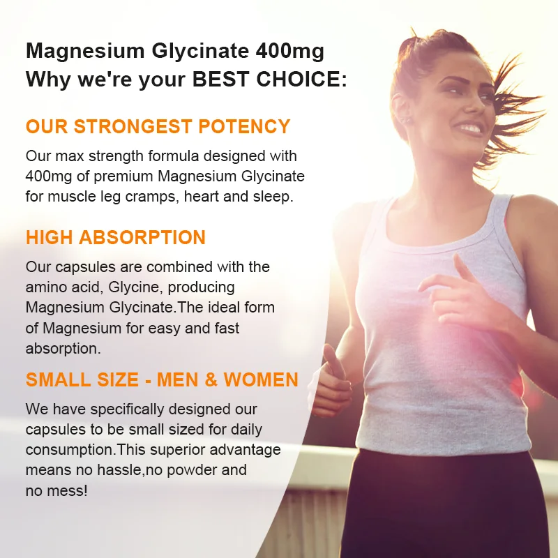 Magnesium Glycinate 400mg for Sleep, Brain, Nervous System, Bone, Muscle, Relieve Anxiety Heart Health, Stress & Anxiety Relief