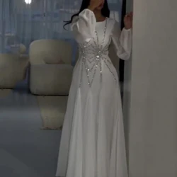 Classic Chiffon with Crystal Evening Dress Scoop Neck and Long Lantern Sleeves A-Line Floor Length Customized Wedding Party Gown