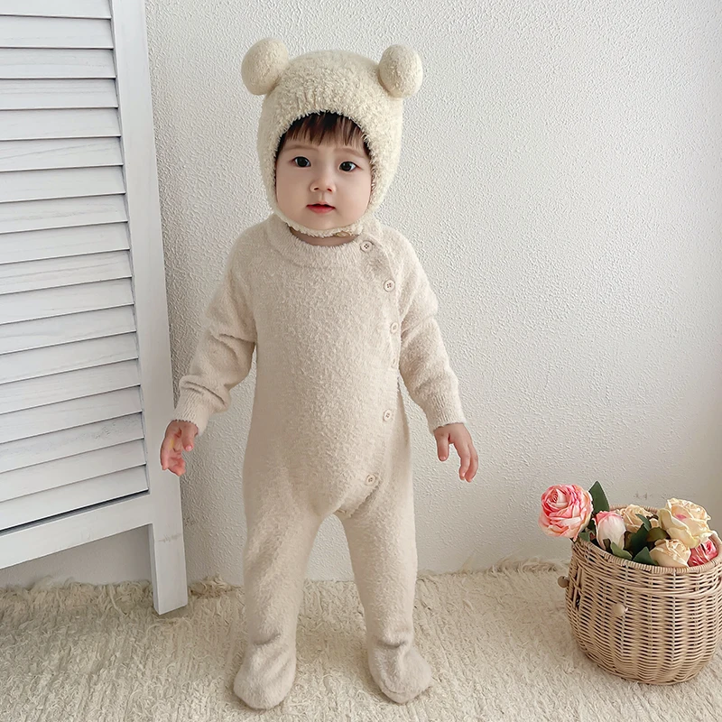 

Зимний детский комбинезон из овечьей шерсти, комплект шапки для мальчиков и девочек, свободные комбинезоны для малышей, модная плюшевая детская одежда для детей 0-3 лет