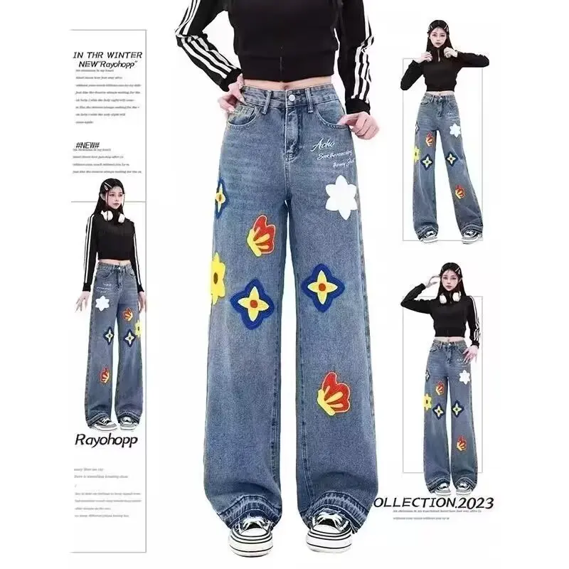 Women Fashion Plain Button Decor Flare Leg Long Denim Pants Floral Embroidery Ladies High Waist Skinny Bottom Wide Leg Jeans