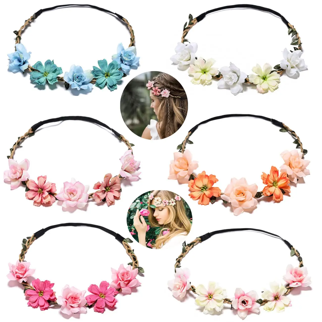 

6 PCS Flower Crown for Women Girls Flower Headbands Flower Girl Headpiece Bride Bridesmaid Wedding Headdress Boho Flower Head Ba