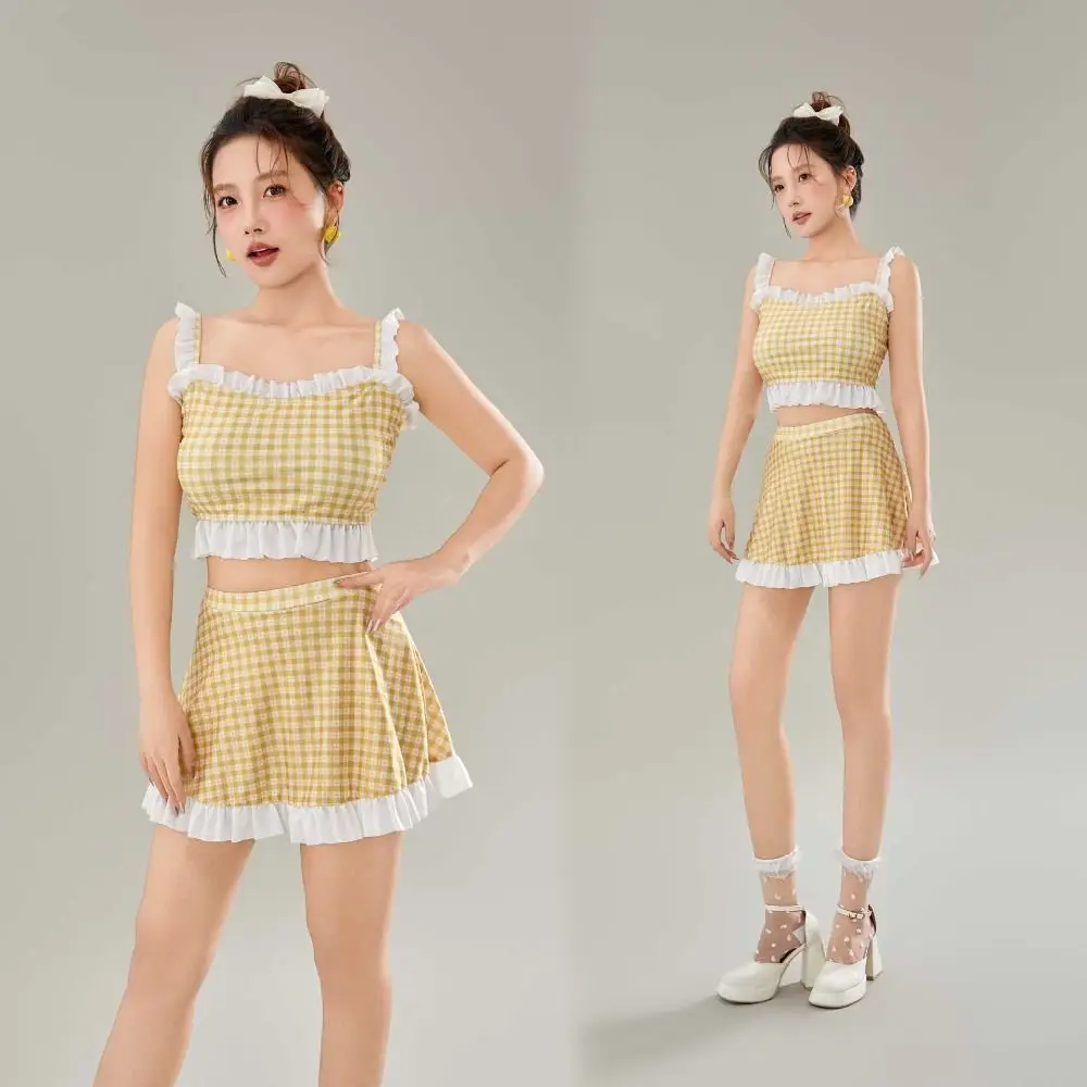 

Ruffled Edge Stripe Grid Swimsuit Suit Two Pieces Beachwear Skirt Bathing Suit Sweet Hot Spring Clothing Swimwear Bikini Set