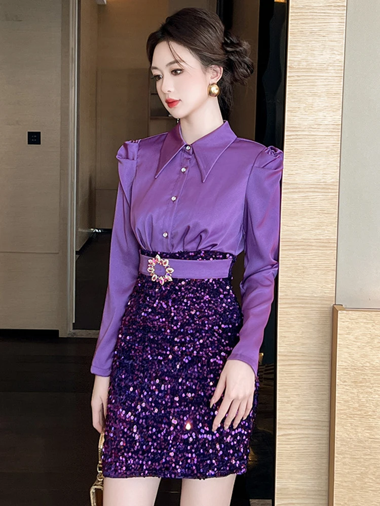 belt for purple dress Fashion Fake 2 Piece Dress Women Elegant Luxury Purple Shiny Sequin Belt Single Breasted Short Gown Femme Party Vestido Spring