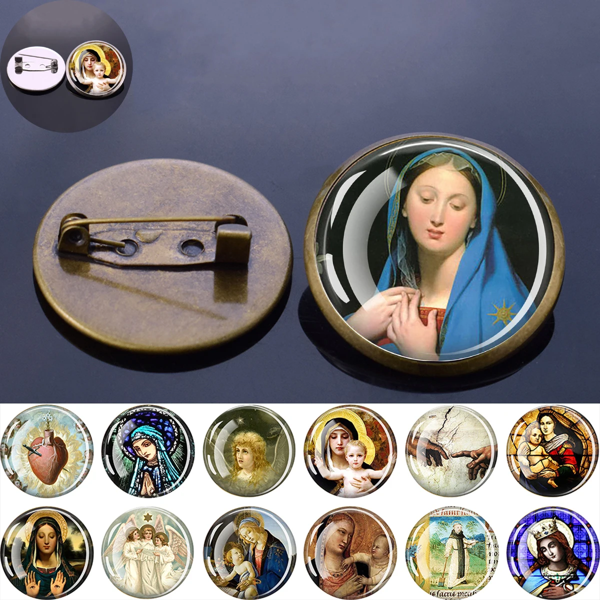 1PC Christian Round Metal Brooch in Two Colors, Exquisite Glass Inlaid Brooch, Clothing Decoration Accessories, Holiday Gifts