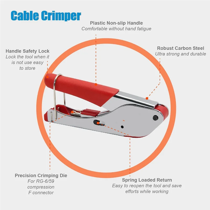 

CQMF-Professional Coax Cable Crimper And Stripper Combo For RG59, RG6, Including 10PCS F RG6 Connectors