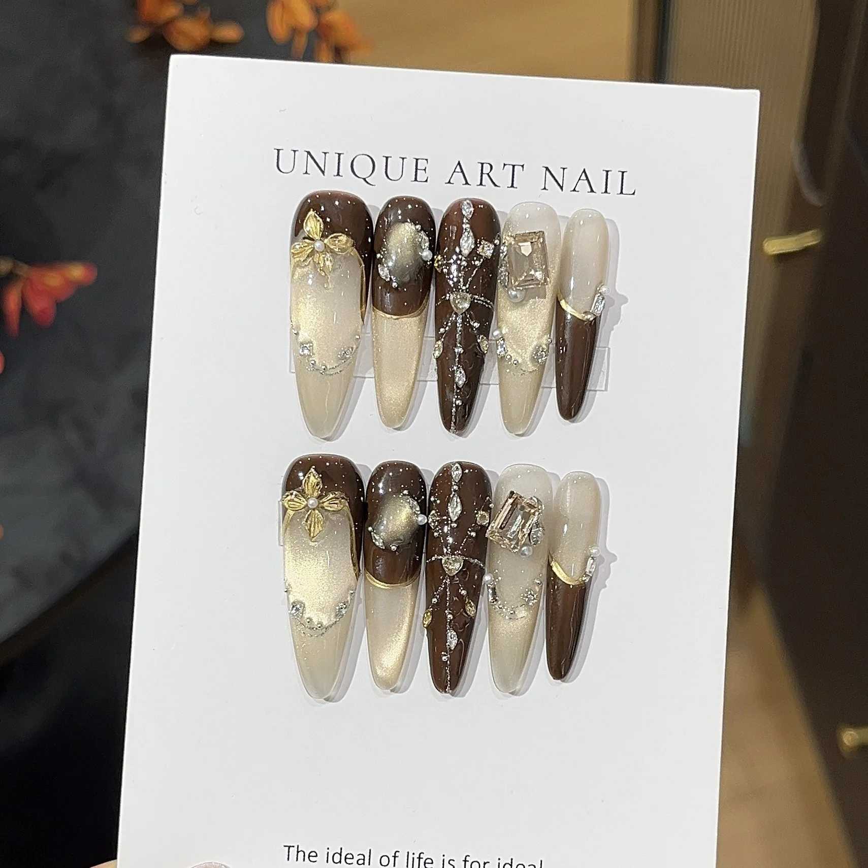 10 قطعة الصحافة اليدوية على الأظافر ضوء عين القط الفرنسية الزركون المكسور الماس يرتدي درع الأظافر كاذبة اضغط على مسمار تلميح الفن #2