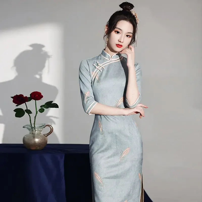 

New 2025 Vintage Improved Qipao Elegant Women Traditional Cheongsam Dress Half Sleeve Ladies Chinese Qipao Elegant Party Dress
