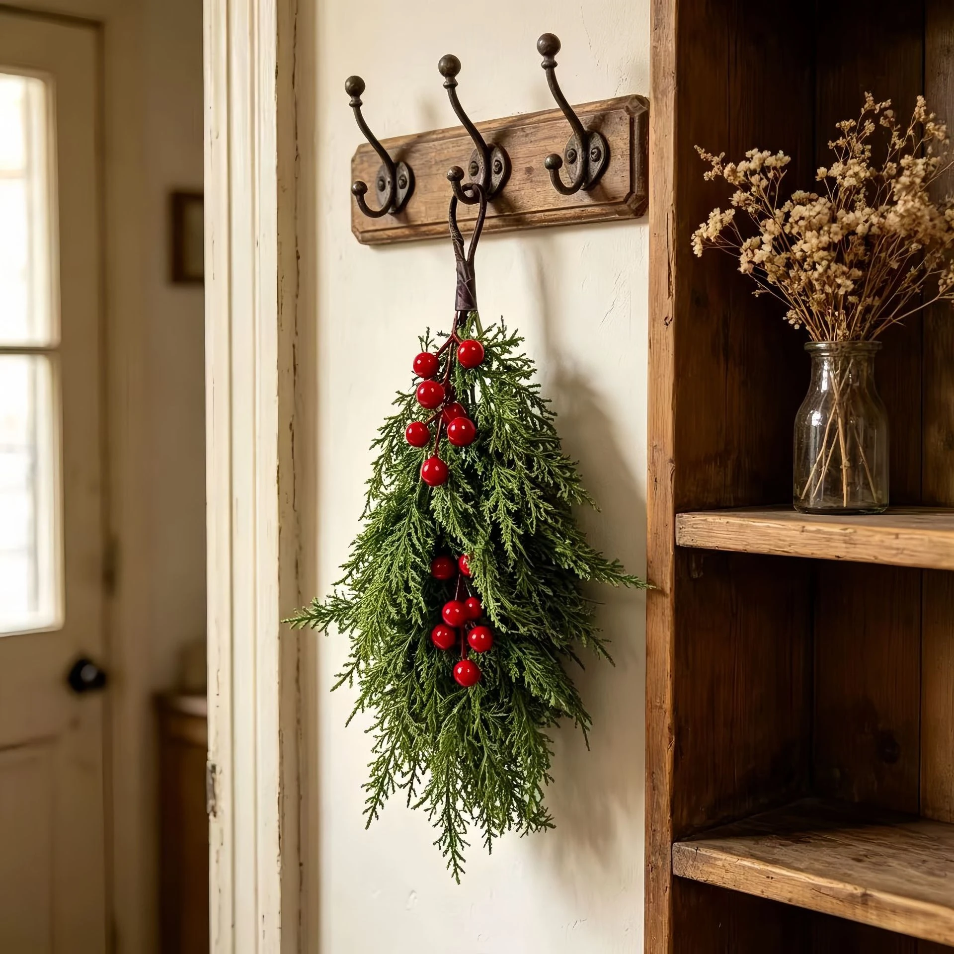 

Artificial Juniper Leaves and Red Berries Christmas Ornaments Christmas Door Hangings Storefront Decorations and Festive Decor