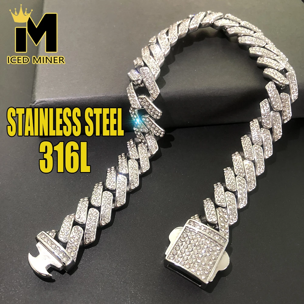 

No Fade 316L Stainless Steel Necklace Rhombus Zircon Iced Out Cuban Link Chain for Men Hip Hop Rapper Jewelry Free Shipping