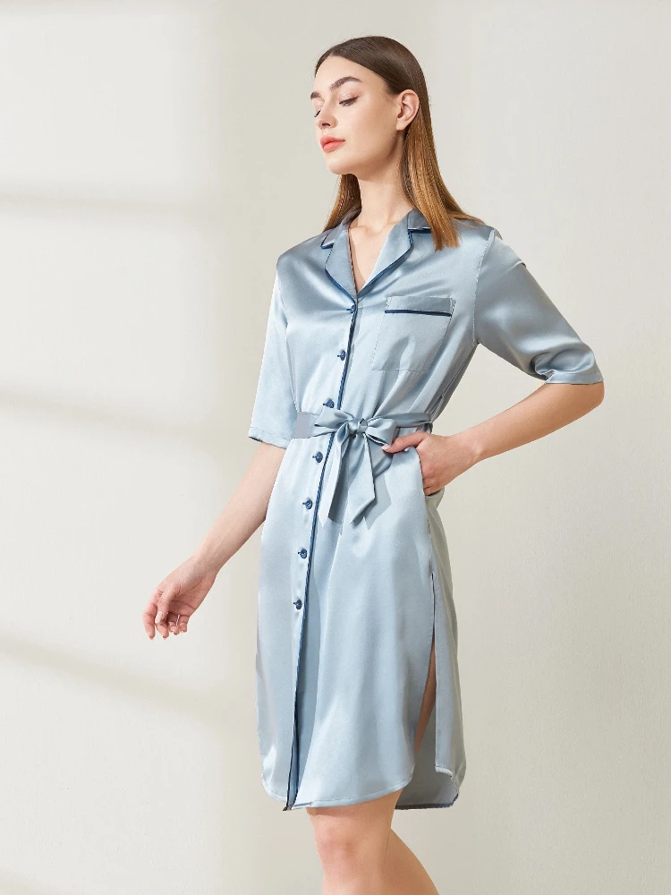 19MM 100% Mulberry Silk Belted Chemise Nightdress Button Down Midi Nightgown Lapel Cardigan Robe Side Split Sexy Morning Gown PJ