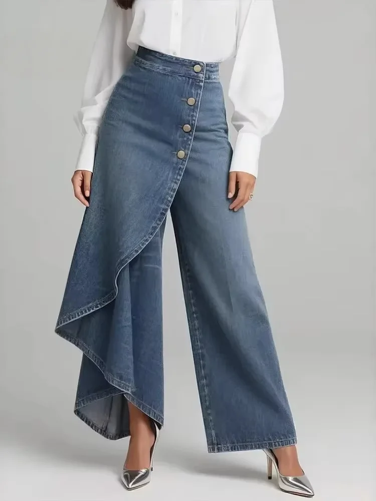 

Minimalist Casual Long Display Solid Color Denim Print Breasted Tight Pants For Women Spring 2026 New