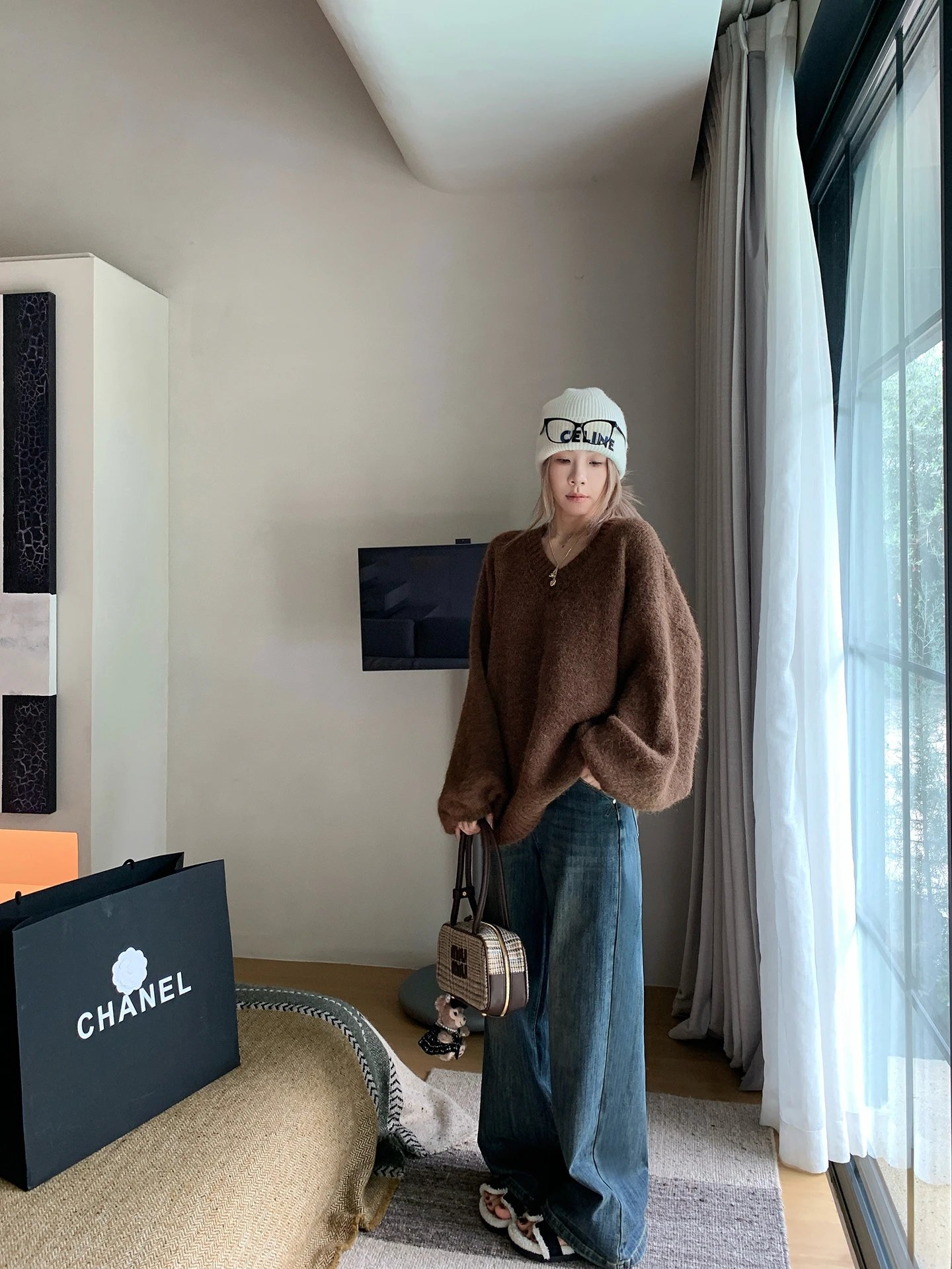 

Lin Chu Lazy Beau Meller Knitted Sweater Women Winter Outerwear Loose High-End Feel Overhead Top V-Ne Thi Warm Long S...