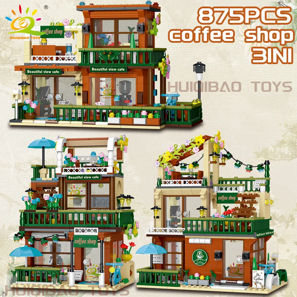 HUIQIBAO 875PCS 3in1 City Coffee Shop Model Building Blocks DIY Alfresco Dining Beverage Shop Ornament Bricks Toys Adult Gift