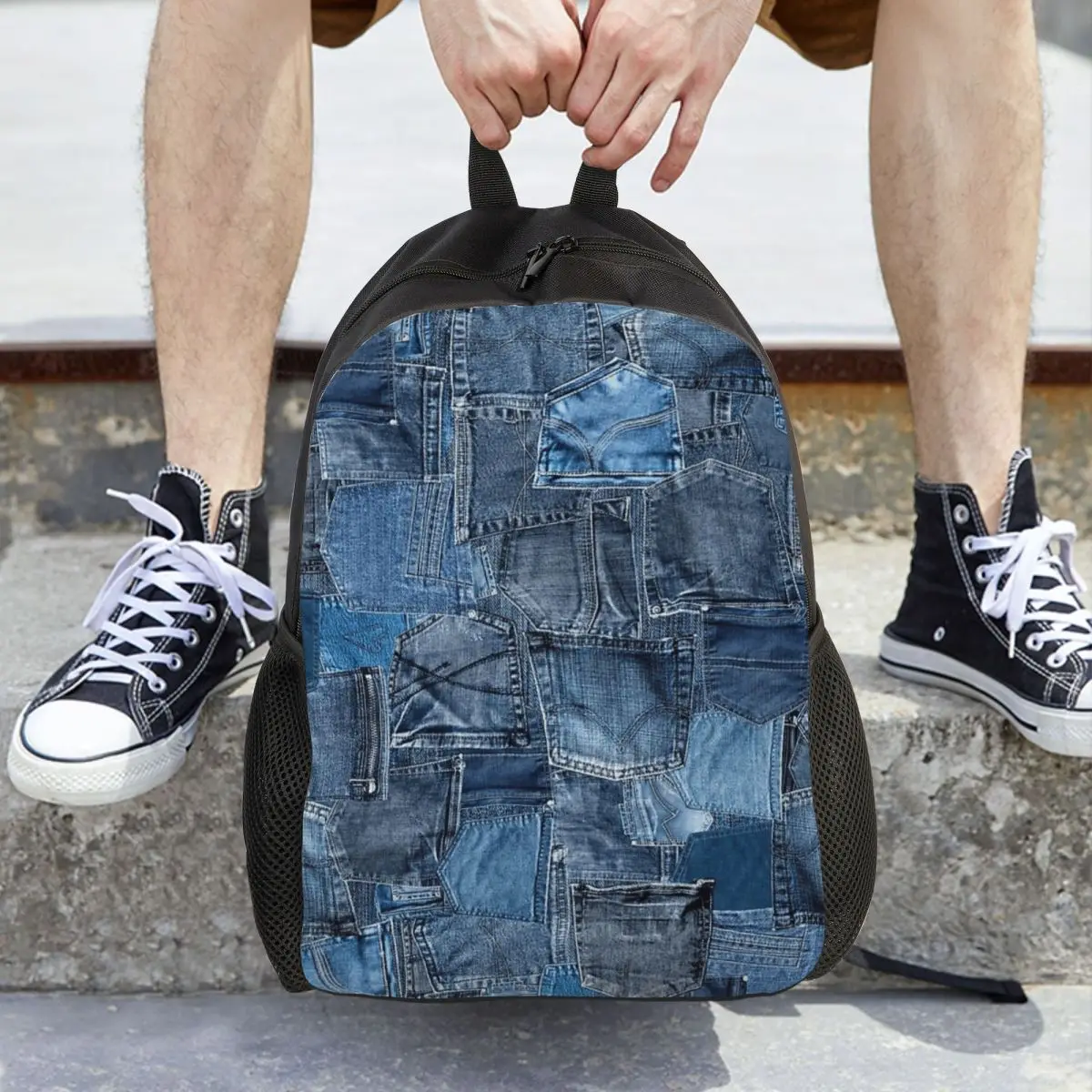 

Blue Denim Jeans Pocket Patchwork Backpack Hot Sale Daypack Large Capacity BookBag School Bag Shoulder Bags for Men Women