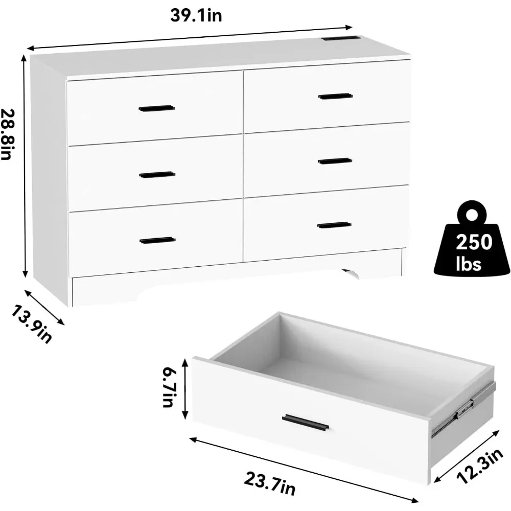 Cómoda con tomas de corriente de madera, 6 cajones con puerto USB y tipo C, cómoda para dormitorio