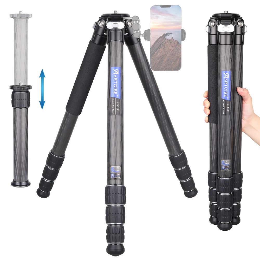 AARTCISE CS85C Heavy Duty Carbon Fiber Tripod with External Center Column Compact Camera Stand for DSLR Camcorder Max Load 30kg