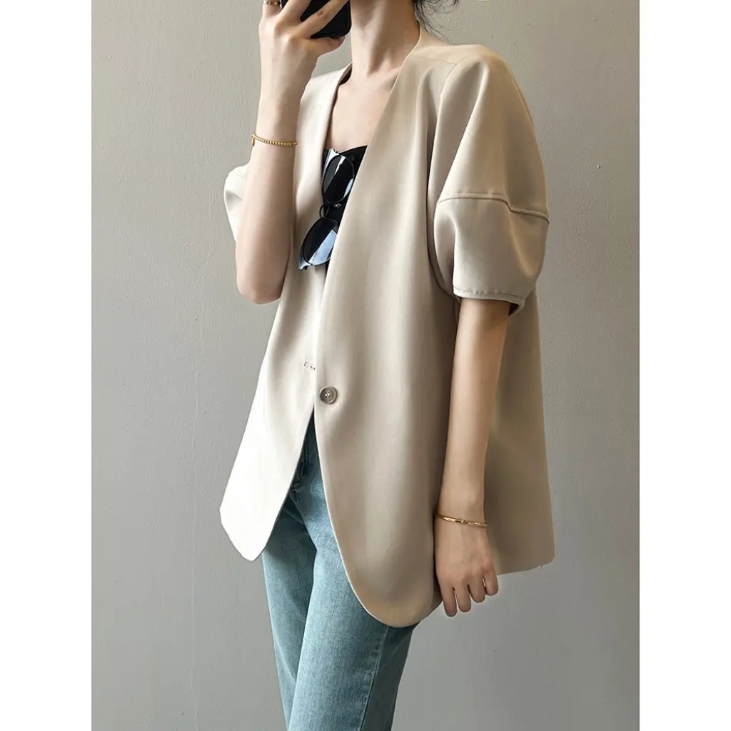 

Women's Korean Style Puff Sleeve Short-Sleeved Suit Jacket Thin Casual Half-Sleeved Spring Fashion Top