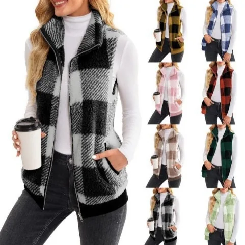 

2025 Autumn Winter New Fashion Plaid Women Plush Vest Jacket Simple Stand Up Collar Female Sleeveless Coat