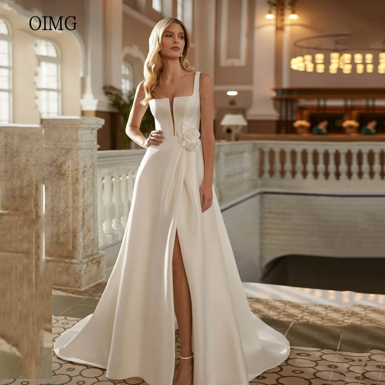 

OIMG Modern Ivory A Line Wedding Dress Square Neck Bride Dresses Side Slit Floor Length Wedding Gowns Customized