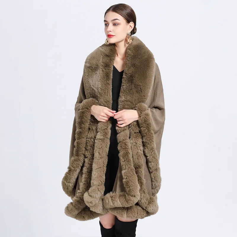 Women\'s Rex Rabbit Faux Fur Shawl Lady Cashmere Feel Wrap Autumn Winter Solid Color Cloak Classic Luxury Warm Overcoat New in