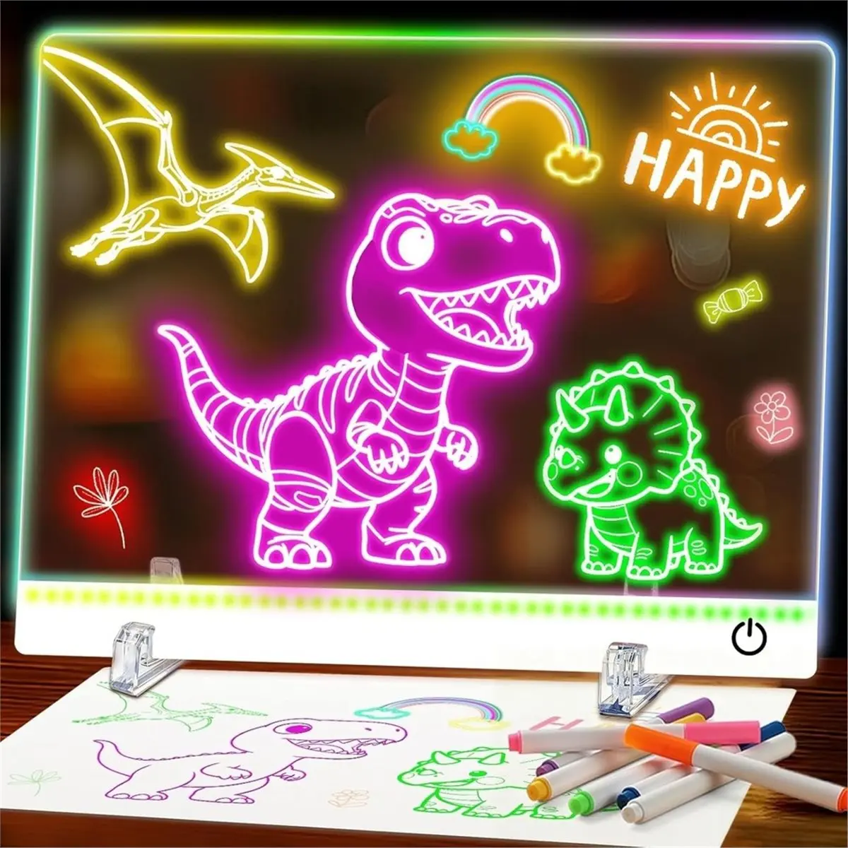 a01r-16インチledお絵かきボード-子供用-充電式7色ライトアップアクリルノートパッド-スタンド付き、6～12歳向けギフト