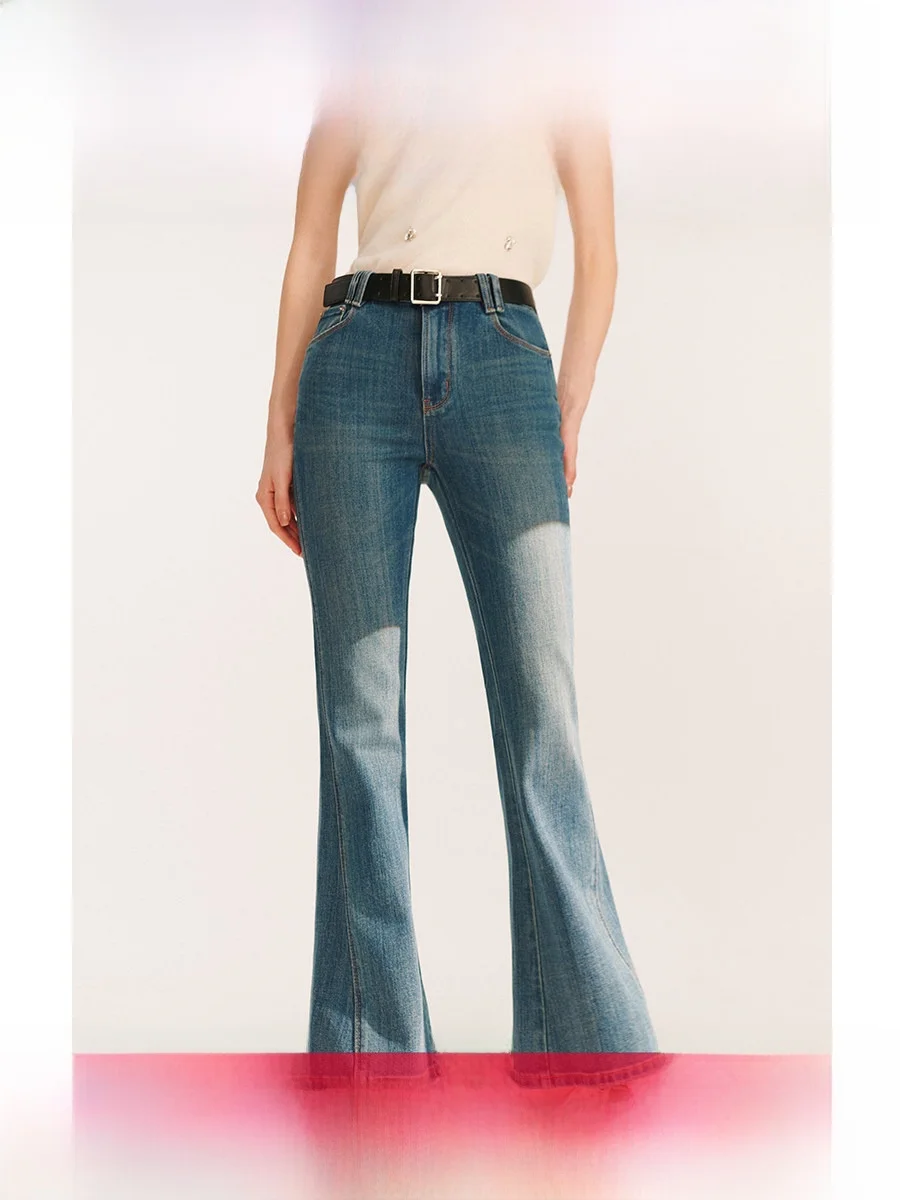 

Classic High-Waisted Slim Fit Bell Bottom Denim Jeans Women's High Elasticity Cotton Stretch Belt Four-Sided Fashionable
