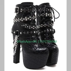 Lady chian vintage gothic spike lace-up boots meatl rievt punk style platform chunky heel boots PU muti-buckle strap boots size