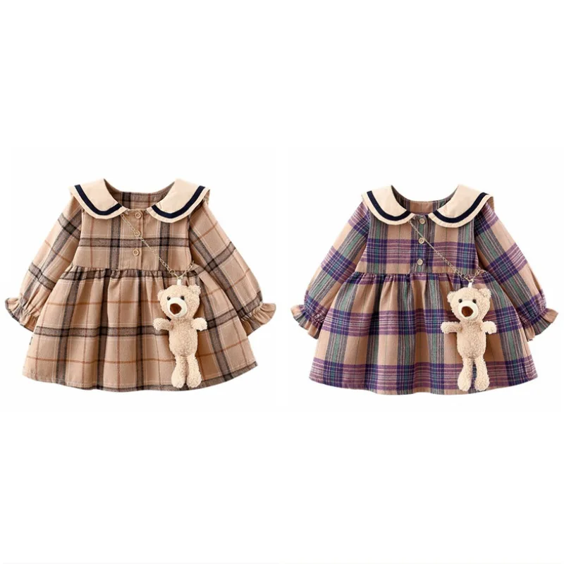 Baby Girl Cute Princess Skirt Newborn Fashion Long-sleeved Navy Plaid Dress Infant Girls Wedding Birthday Party Casual Dress