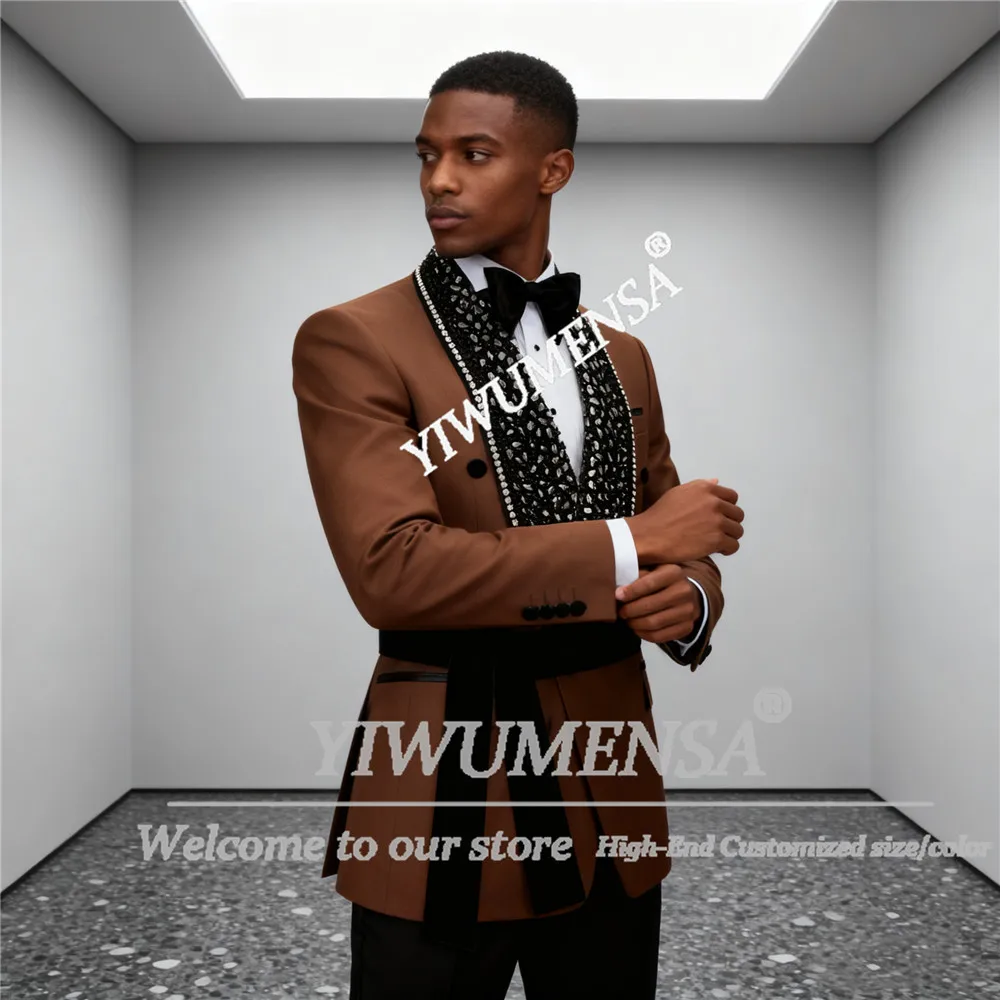 

Attractive Beaded Stones Men's Suits Shawl Lapel Jacket With Black Solid Pants 2 Pieces Groom Wedding Tuxedos Banquet Attrie