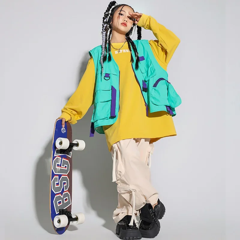 Kpop Girls Jazz Dance Performance Costumes Yellow Sweatshirt Lake Blue Vest Beige Cargo Pant Kids Ballroom Hip Hop Stage Outfits