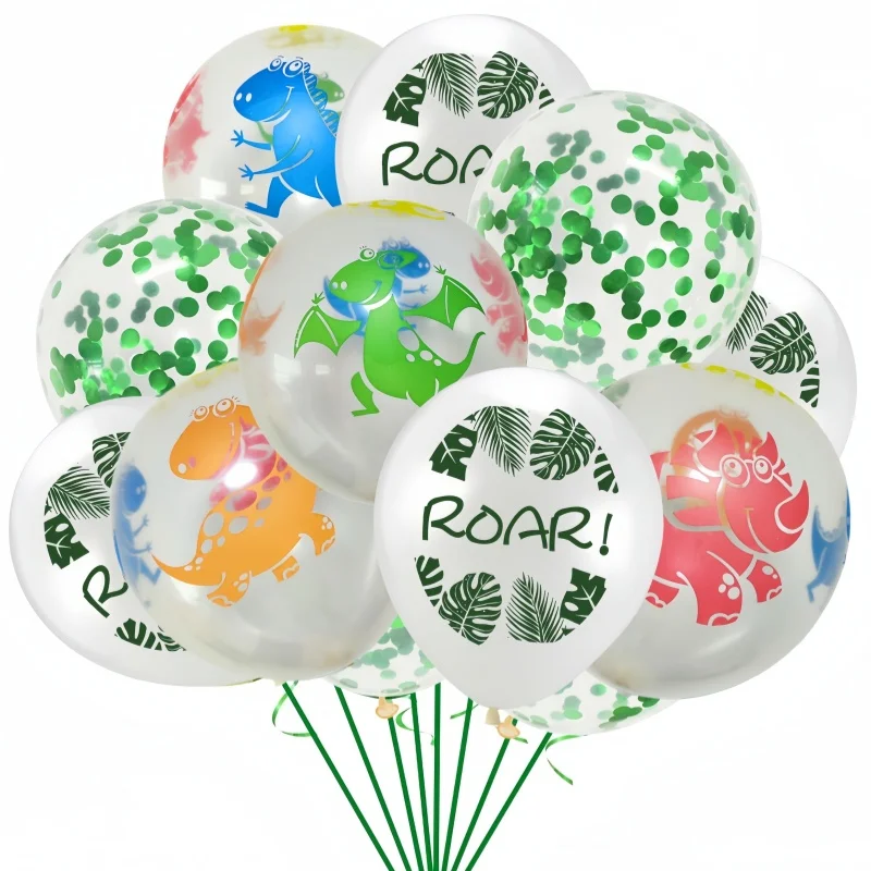 Dinosaur Printed Balloons for Kids, Latex Balloons, Green and White, Birthday Themed Party Decor, Baby Shower Supplies, 12 in