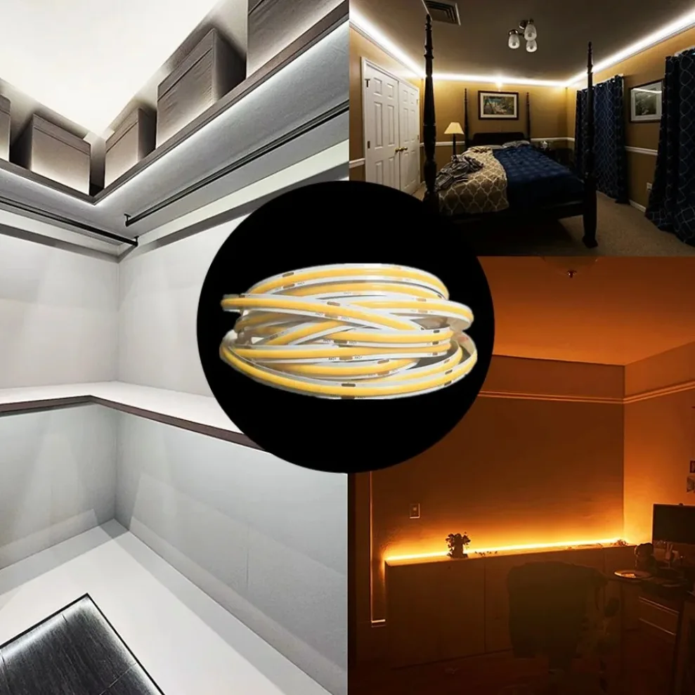 Flexível COB LED Strip Lights, Alta Densidade, Fita DC Plug, Fio 2Pin, Painel de 8mm, Cozinha e Decoração do quarto, DC12V, 24V, 320LEDs por m, RA90