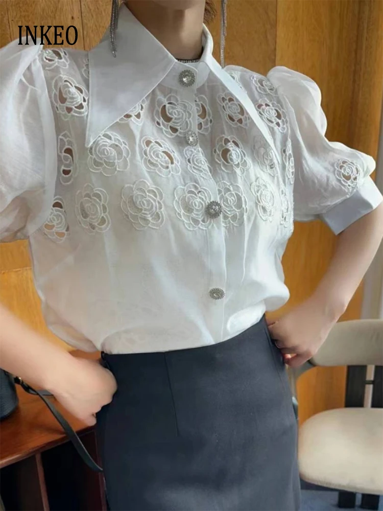 

Lace hollow out shirt Women's 2024 Summer Fashion Solid Puff sleeve Single breasted blouse France See-through tops INKEO 4T162