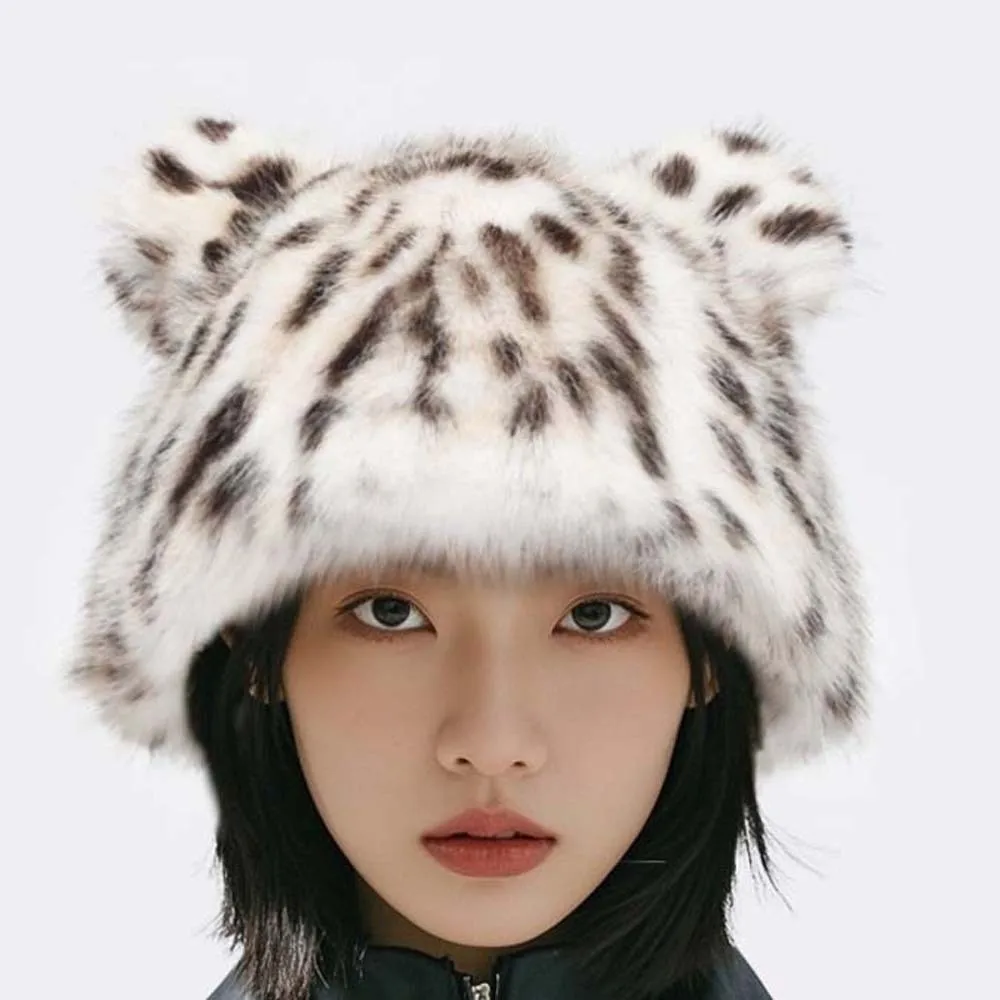 

Модная шапка с леопардовым принтом из искусственного норкового меха, мягкая плюшевая шапка с медведем в корейском стиле, универсальный пуловер без полей, кепка для пары