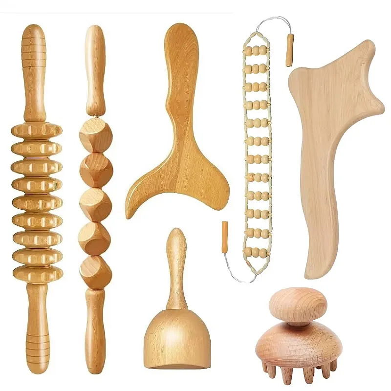 Wood Massage Tool Kit Gua Sha Scraping Anti-Cellulite Lymphatic Drainage Body Firming for Back Neck Face