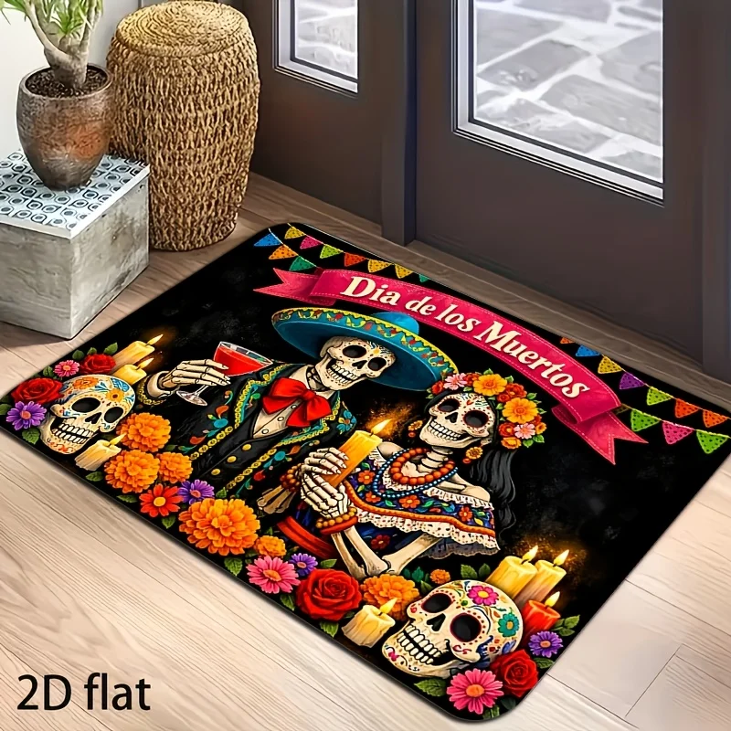 Festive Dia de los Muertos Day of the Dead Mexican Skull Calaveras Doormat Floor Mat Entrance Home Decoration Halloween Accent R