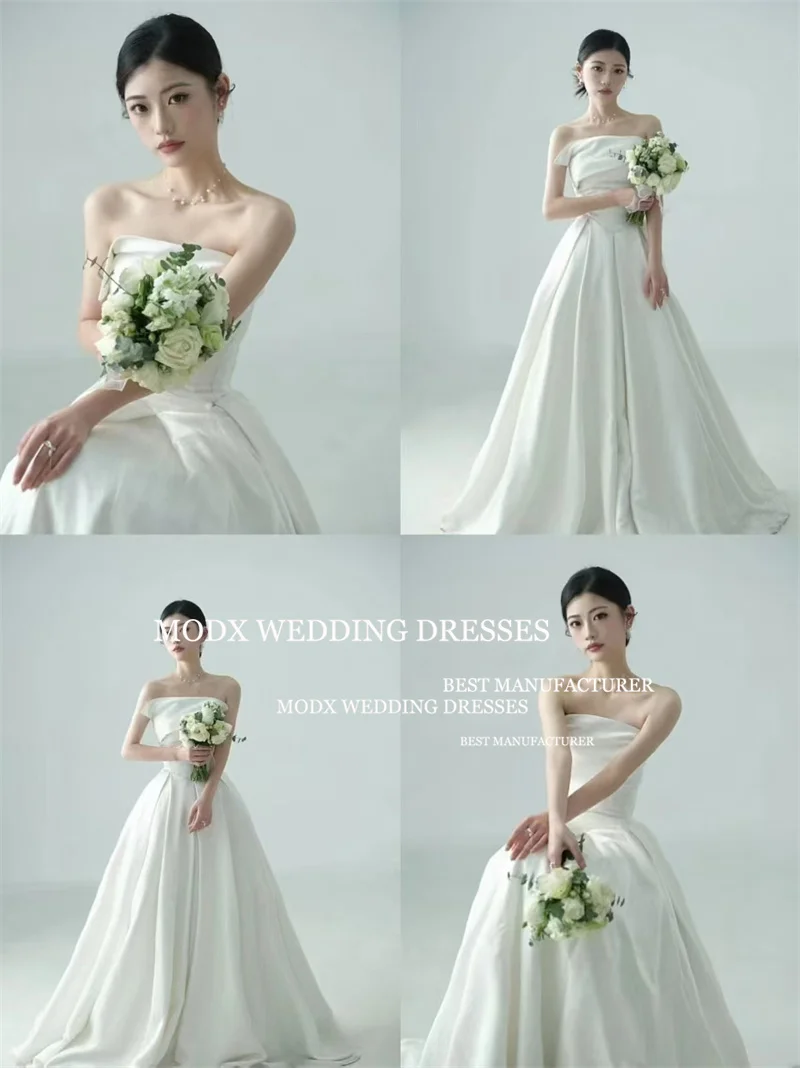 MODX Simple Soft Satin A Line Wedding Dresses Corset Back Floor Length Bride Dress Plus Size Korea Photo shoot Customized